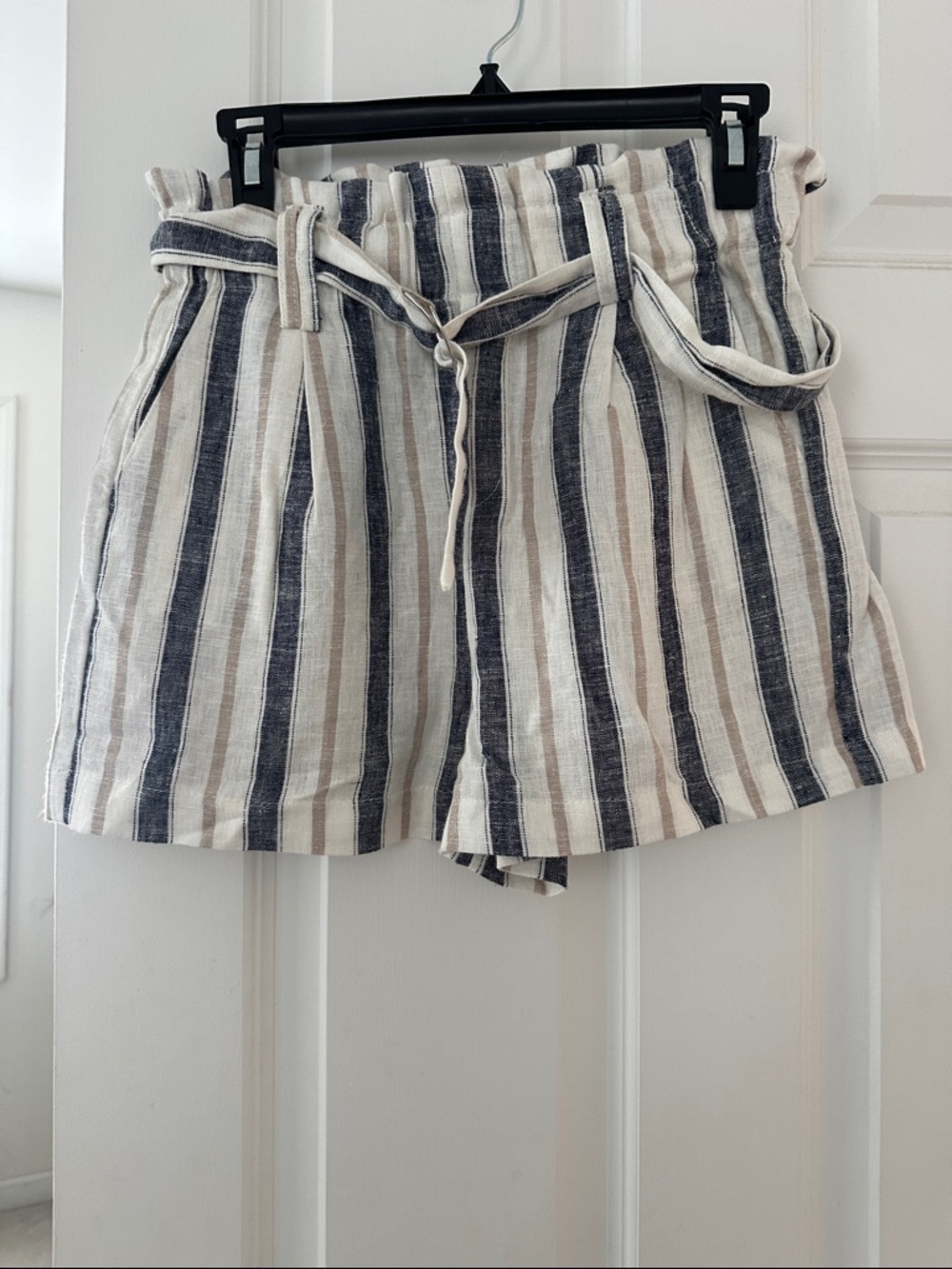 Love Tree Striped Paperbag Waist Shorts in Cream, Navy, and Tan with belt